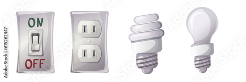 set of illustrations with light bulbs, light switch, socket. cartoon style. vector.