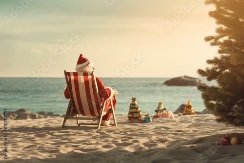 Santa claus relaxing the sandy beach view from the back. Christmas in july. Generative AI.