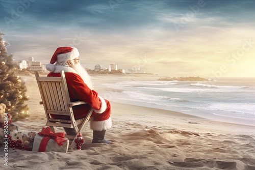 Santa claus relaxing the sandy beach view from the back. Christmas in july. Generative AI.