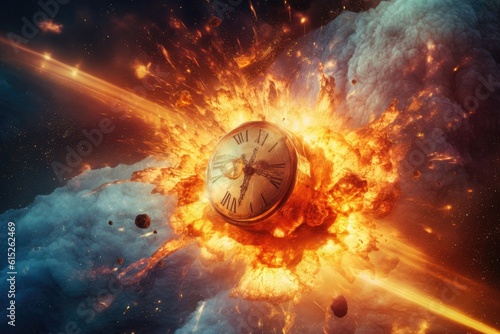Clock in space on fire being hit by a comet. Generative AI. © jlfsousa