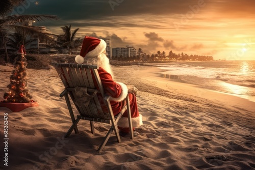 Santa claus relaxing the sandy beach view from the back. Christmas in july. Generative AI.