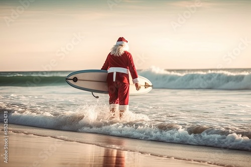 Santa claus surfing view from the back. Christmas in july. Generative AI.