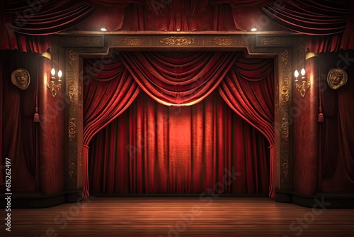 Theater stage with red curtains and spotlights. Generative AI.