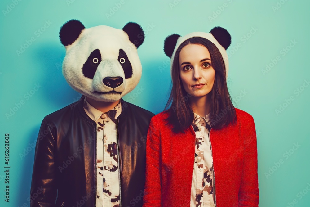 Two young people, in modern clothes and a panda bear head, in a studio with a colored background.