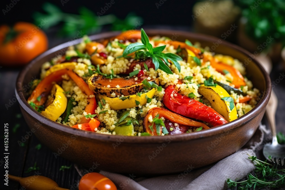 Roasted vegetables with a couscous garnish. Roasted vegetables with a couscous garnish.