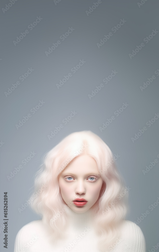 Female albino fashion model. Young woman with light skin and hair posing for studio shot. Vertical banner with copy space above. Generative AI Female albino fashion model. Young woman with light skin and hair posing for studio shot. Vertical banner with copy space above. Generative AI