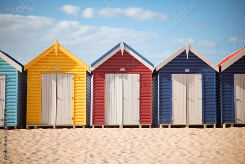 A picturesque coastal scene with charming wooden dressing rooms adorning the vibrant beach © Joaquin Corbalan