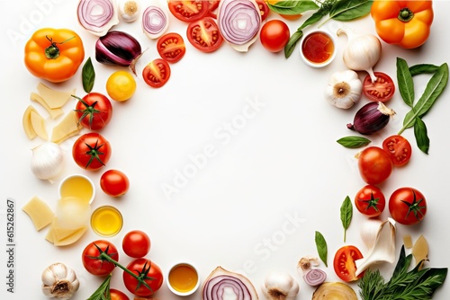 Frame with empty space in the center  surrounded by ingredients for pizzas.