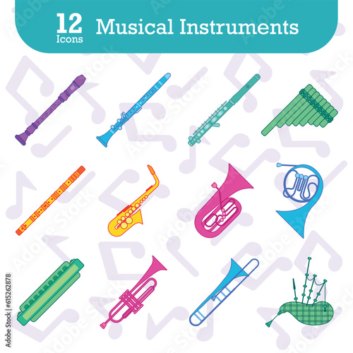 Set of colored musical instruments icons Vector illustration