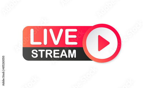 Vector live stream icon flat style with play button for blog, player, broadcast, website, online radio, media labels, logo. Live stream banner isolated on white background EPS10