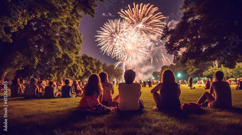 American family watching fireworks at night on the 4th of July - Firework celebration family event