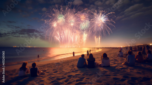 American family watching fireworks at night on the 4th of July - Fireworks on the beach