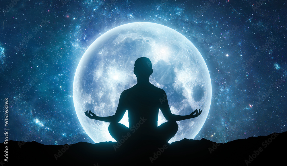Woman silhouette sitting in yoga lotus pose against full blue Moon in the sky. Night sky landscape. Psychology and esoteric Woman silhouette sitting in yoga lotus pose against full blue Moon in the sky. Night sky landscape. Psychology and esoteric