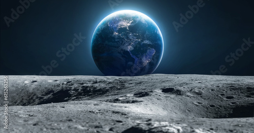 Moon and Earth. Moon with craters in deep black space. Moonwalk. Earth at night. Elements of this image furnished by NASA