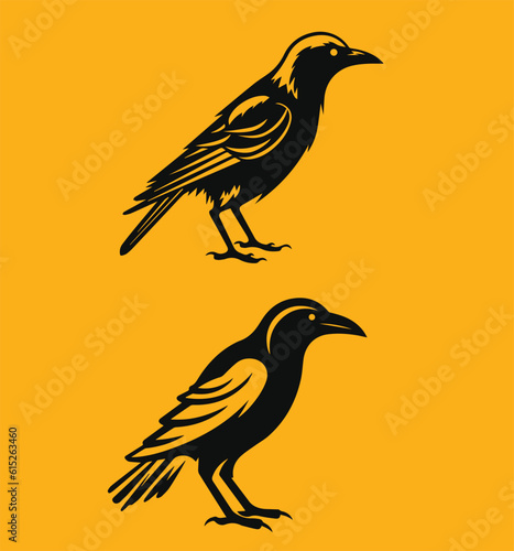 Logo of side view crow and haven illustration isolated on yellow background