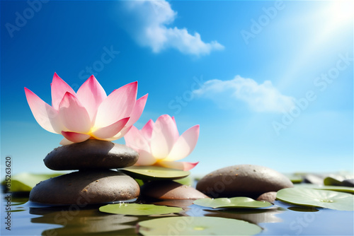 lotus flower outside in water next to black stones on blue sky background. AI generated content