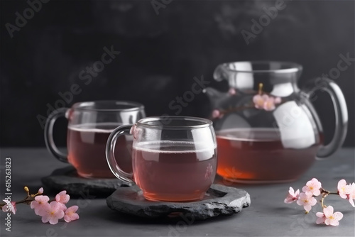 tea cups and teapot next to sakura flowers. Japanese tea. AI generated content
