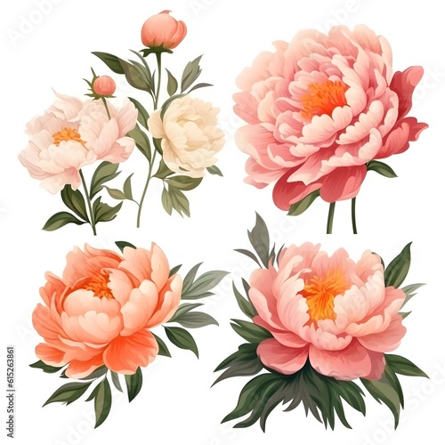 Peony flowers illustration isolated set. Generative AI