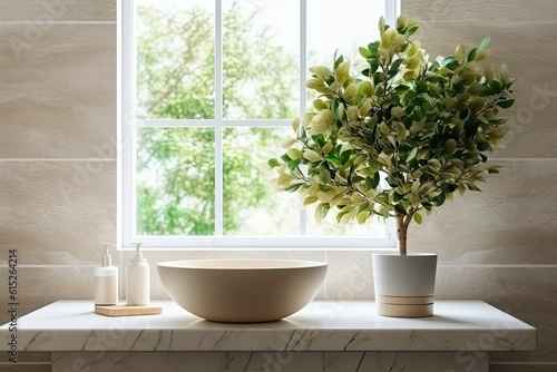 Beige bathroom with washbasin, window with view on a garden and stonework photo