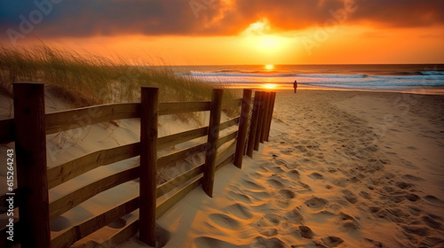 Sunset on a white sand beach with old wooden fence posts and footprints © Unicorn Trainwreck