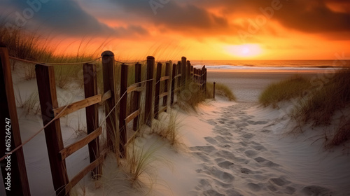 Sunset on a white sand beach with old wooden fence posts and footprints