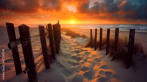 Sunset on a white sand beach with old wooden fence posts and footprints