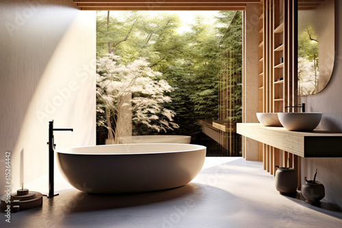 Bathroom that encapsulates the essence of minimalistic Japanese design, garden view, generative ai