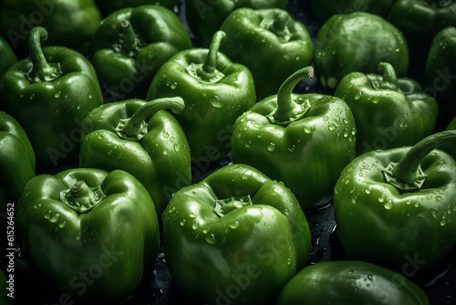 Fresh Green Capsicum Pepper with Droplets of Water, Top-View Close-Up Background