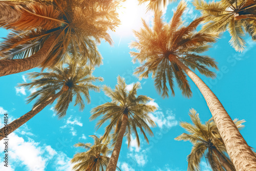 The view from below captures a blue sky and palm trees, presented in a vintage style, evoking a tropical beach and summer atmosphere. It represents the concept of travel. Generative Ai, Ai. © Sebastian