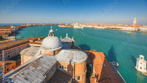 Giudecca canal in Venice lagoon, view from the bell tower of the basilca of San Giorgio Maggiore, Italy, Europe. photo