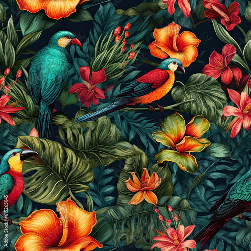 Seamless floral pattern with paradiese birds, tropical flowers and monstera leaves. Generative AI © LiliGraphie