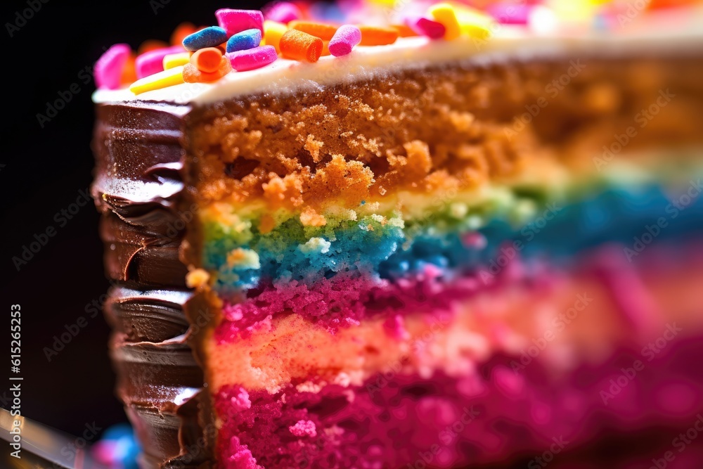A lively and colorful extreme close - up of a slice of birthday cake. Generative AI A lively and colorful extreme close - up of a slice of birthday cake. Generative AI