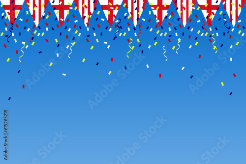 English flag bunting  garland. England celebration football sport champion match confetti, cap, ball, sky background banner. Vector illustration. Ceremony party parade, festival background .
