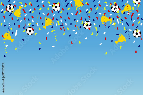 Football world country celebration football sport champion match confetti, cap, ball, sky background banner. Vector illustration. Ceremony party parade, festival background.