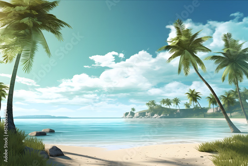 Peaceful tropical beach with palm trees.