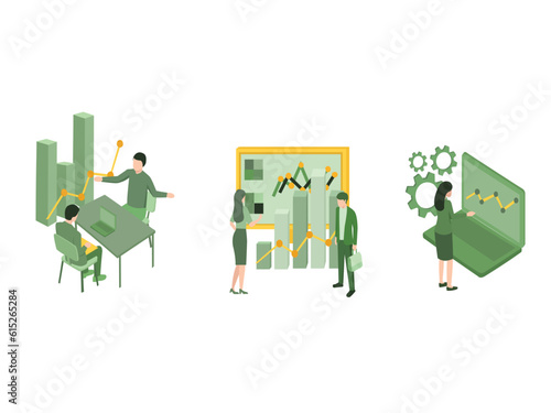 Vector Illustration of Expert team for Data Analysis, Isometric Vision and scope document, Competitive intelligence, Businnes growth. Business Statistic, Management, Consulting, Marketing. Flat design