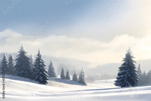 Quiet winter landscape with snow-covered pines