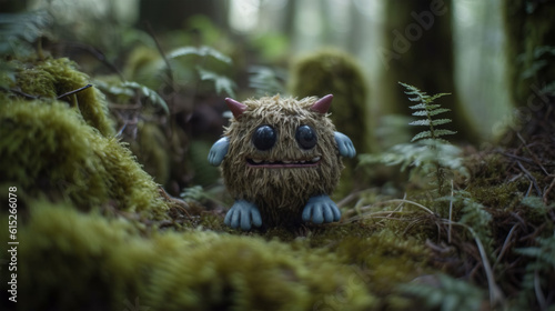 Cute little furry monster ina lush green mossy forest