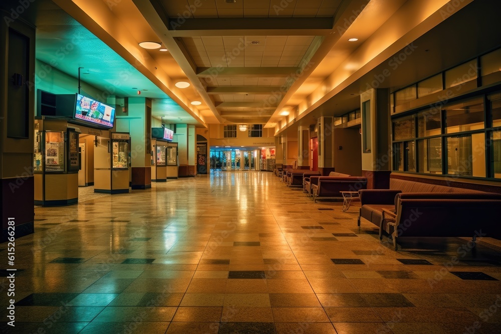 An establishing shot of a bustling movie theater lobby. Generative AI