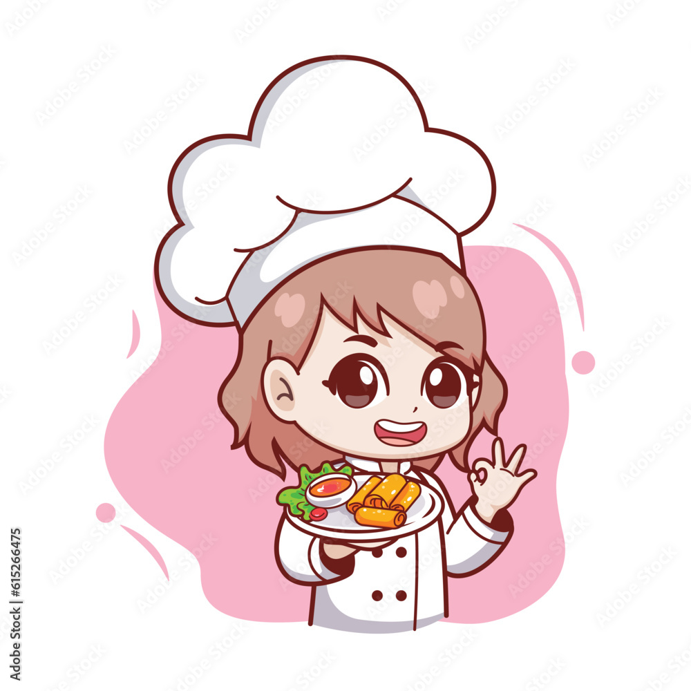 Cute woman chef holding fried spring rolls asian food Cute woman chef holding fried spring rolls asian food
