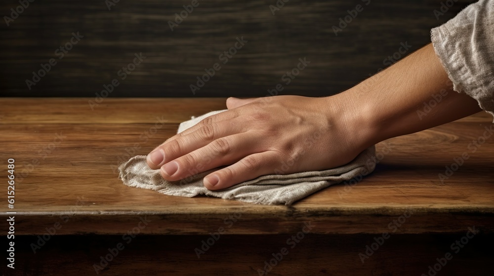 Obraz premium hand with a dust rag on wooden furniture