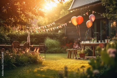 Atmospheric shot of a garden birthday party at sunset. Generative AI photo