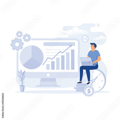 Characters investing money in stock market. latest stock market news and other data. People analyzing financial graphs, flat vector modern illustration