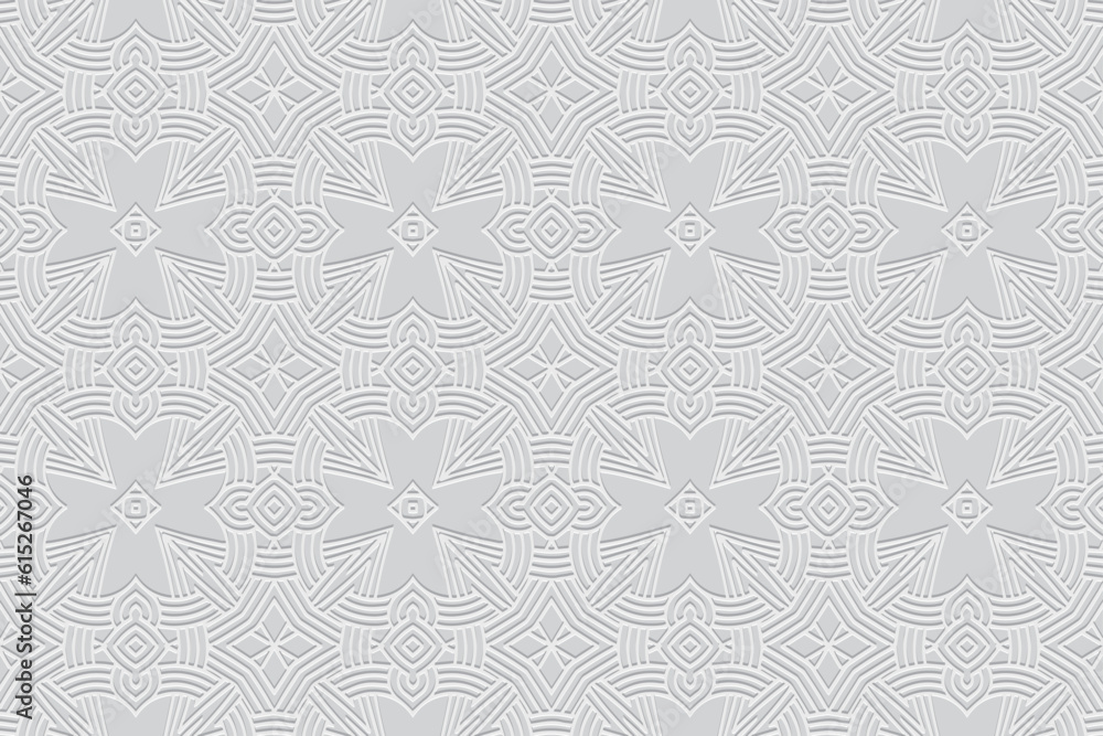 Embossed unique white background, ethnic cover design. Geometric 3D pattern, press paper, leather. Boho, handmade. Tribal color, craftsmanship of the peoples of the East, Asia, India, Mexico, Aztec, P Embossed unique white background, ethnic cover design. Geometric 3D pattern, press paper, leather. Boho, handmade. Tribal color, craftsmanship of the peoples of the East, Asia, India, Mexico, Aztec, P