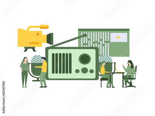 news, interviews, music discussion, voice acting, sound recording on the radio into a microphone,recording planning. music production concept. vector illustration