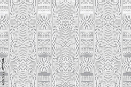 Embossed topical white background, ethnic cover design. Geometric 3D pattern, press paper, leather. Boho, handmade. Tribal color, craftsmanship of the peoples of the East, Asia, India, Mexico, Aztec, 