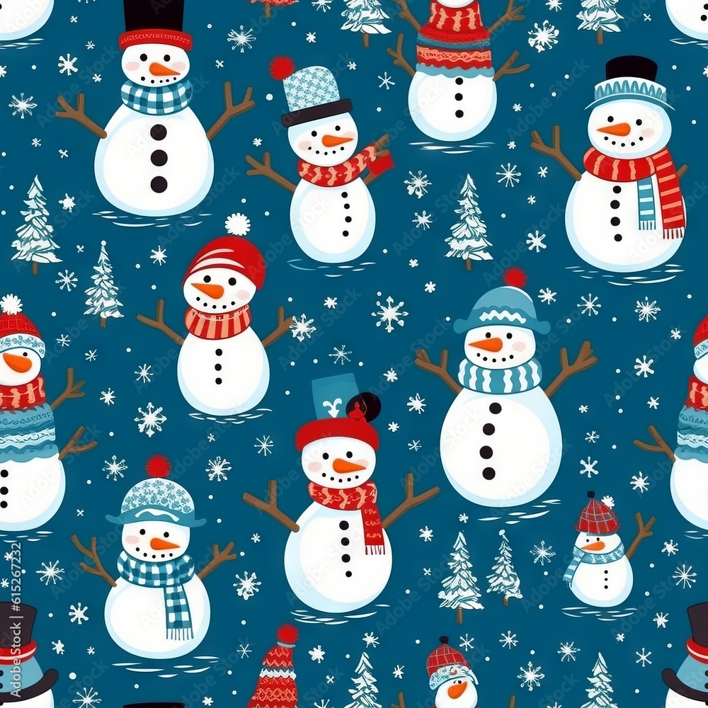 A seamless illustration of Christmas snowmen. Generative AI. A seamless illustration of Christmas snowmen. Generative AI.