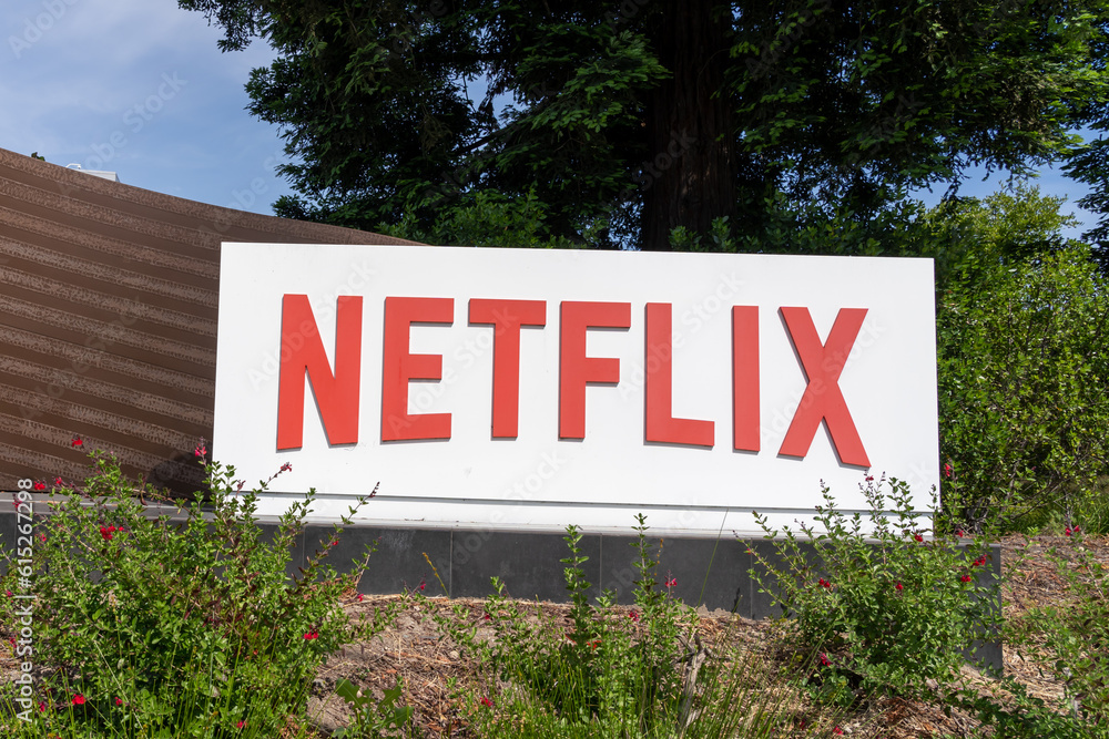 Netflix sign at Netflix Inc. headquarters in Los Gatos, California, USA