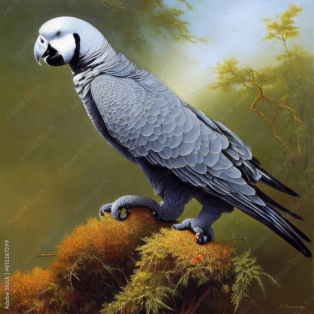 Obraz premium a painting of an African grey parrot perched on a branch, generative AI.