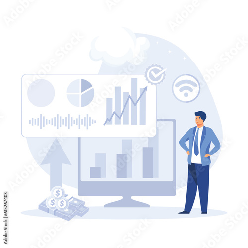 Characters saving money and analyzing financial report. Money savings and deposit growth concept. flat vector modern illustration